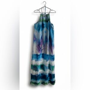 Aqua Blue Abstract Print Halter Chiffon Maxi Dress XS Boho Beach Wedding Guest